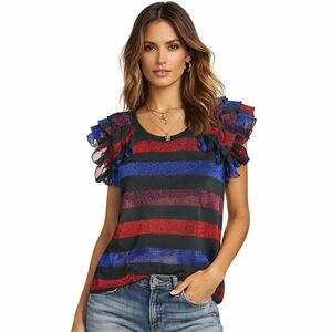 Diesel Ruffled Stripe Top Shimmer Sleeves Size S